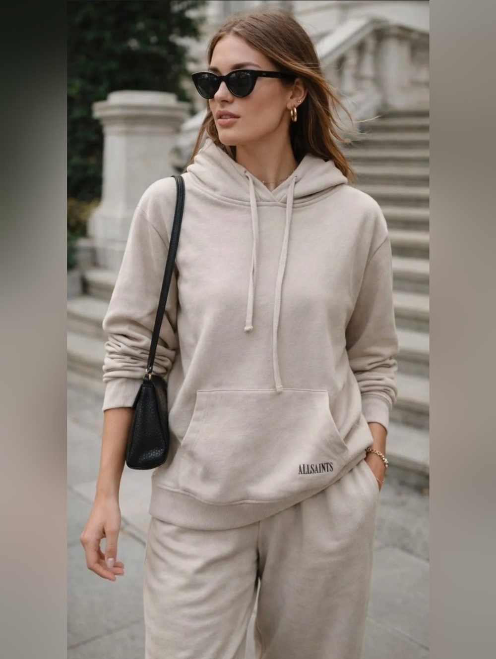 AllSaints Beige Logo Hoodie Pullover Sweatshirt Size Small Neutral Minimalist